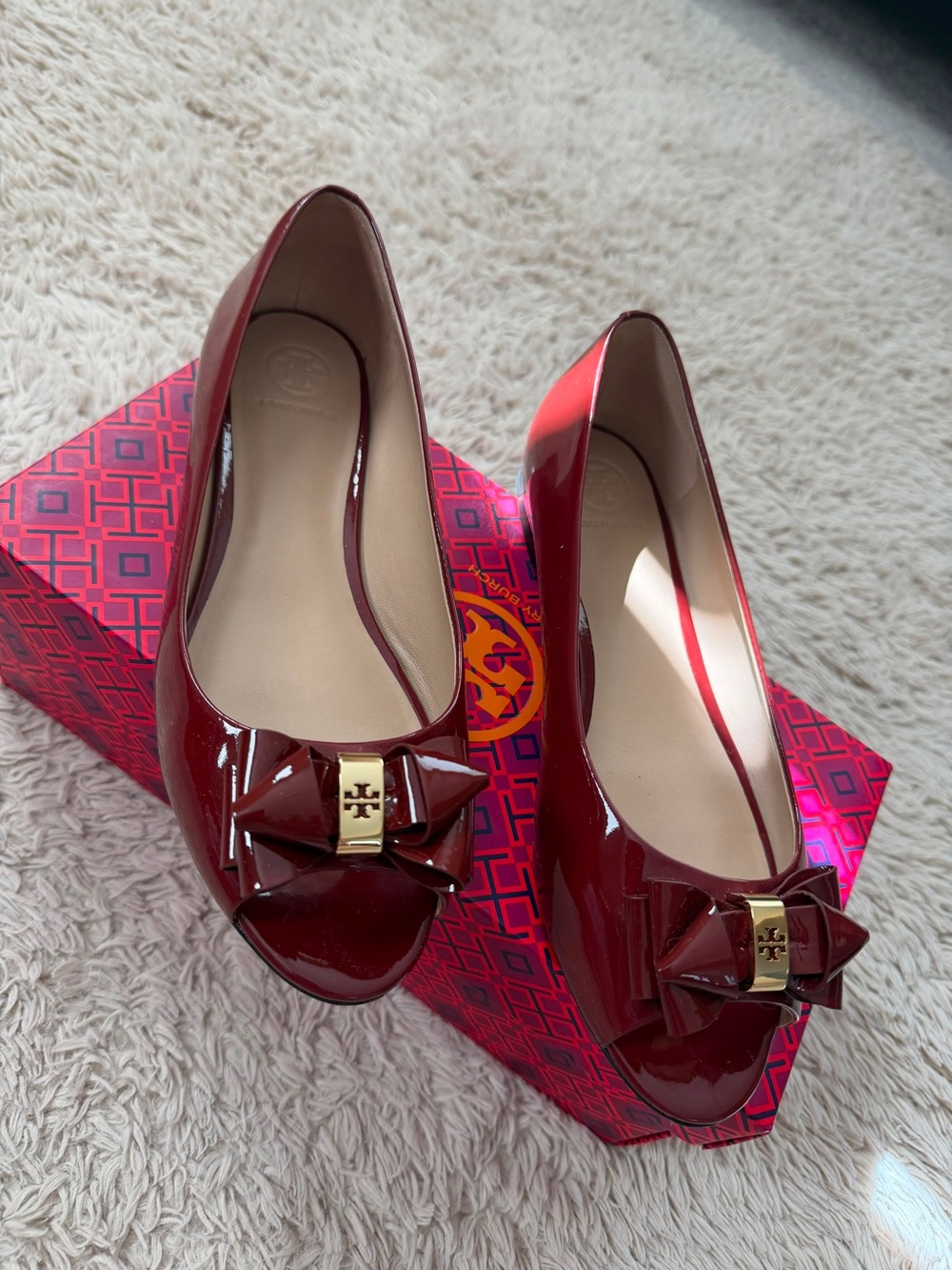Tory Burch Patent Leather Bow Peep-Toe Flats - Deep Red